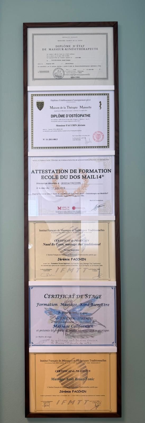 Cadre des diplômes de Jérémie Facchin : kinésithérapie, ostéopathie, École du Dos et massages